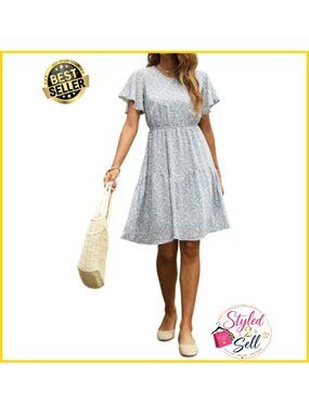 Chiffon Floral Summer Dress Knee Length Smocked Waist Ruffle Sleeve